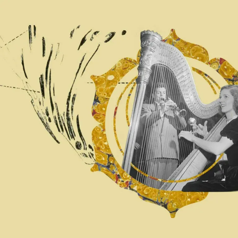 chakra symbol with woman playing harp