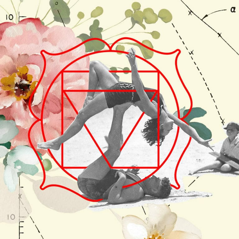 root chakra symbol with man and woman doing acrobatics and flowers collage