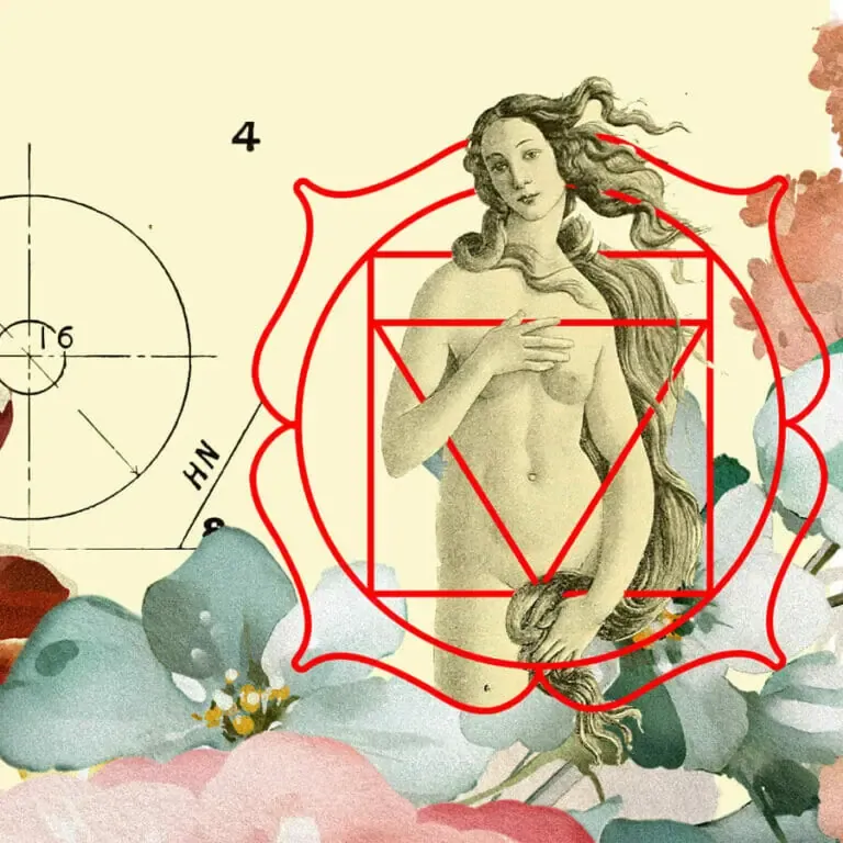 venus woman with root chakra symbol collage and flowers