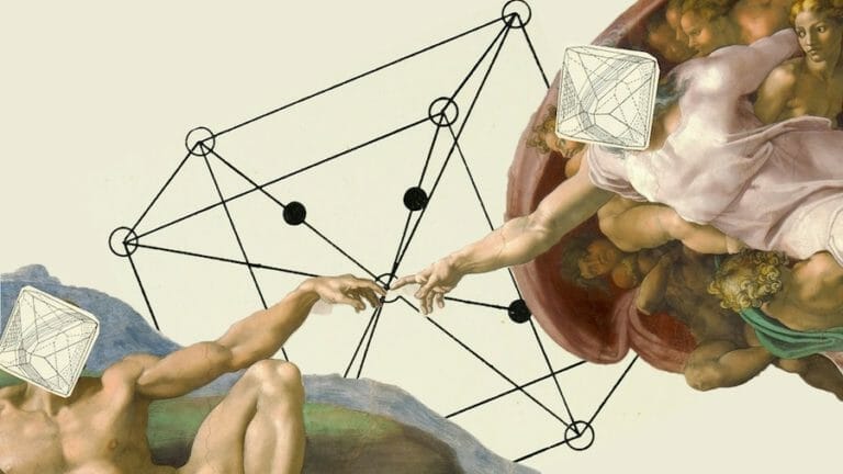 collage art of god touching adam with sacred geometry background