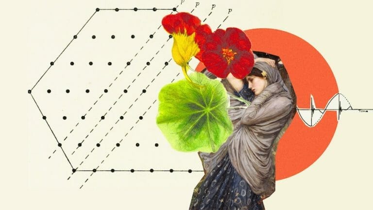 woman with flower coming from her heart and mathematic background collage art