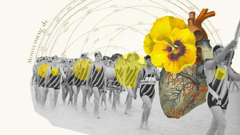 men marching behind flowering heart