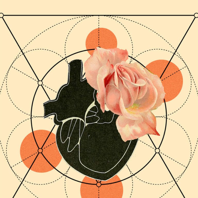 vintage heart illustration with rose flower and sacred geometry