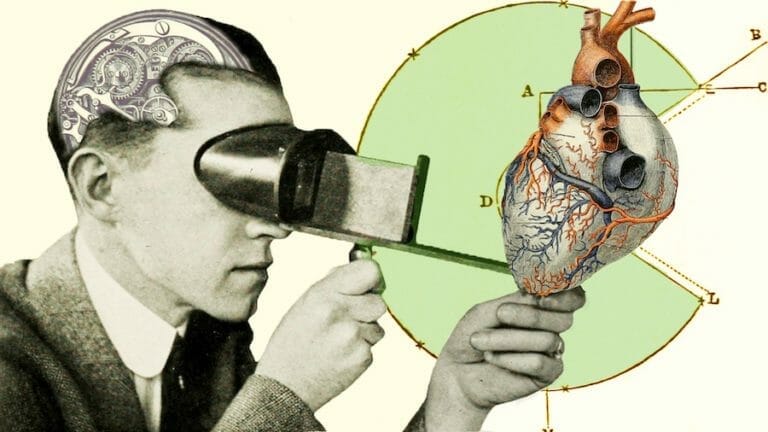 vintage style collage art of man looking at heart with magnifying glas