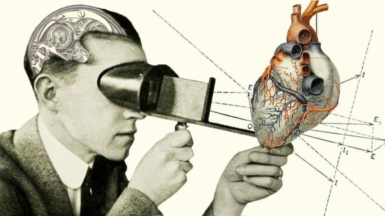 Man looking at heart through microscope