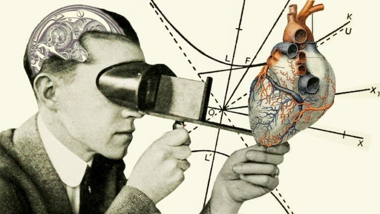 collage of man looking at heart and geometric background