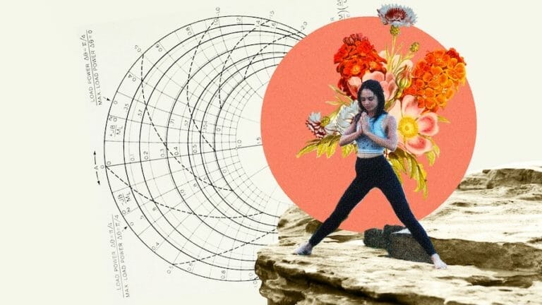 woman in yoga pose with flowers in background collage art