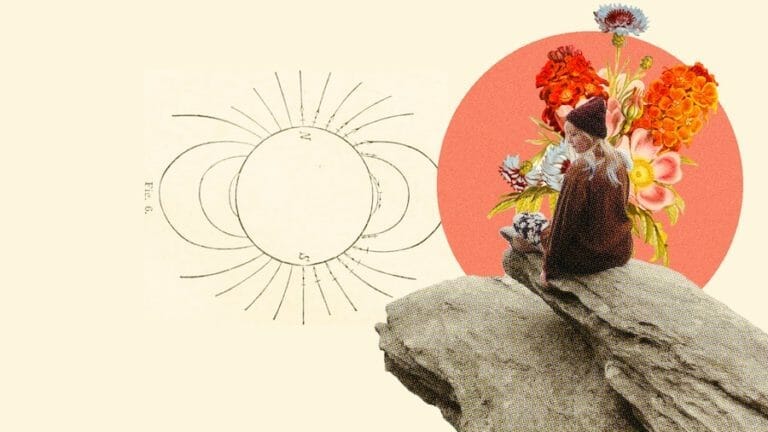 flowers in red circle behind woman sitting on a rock