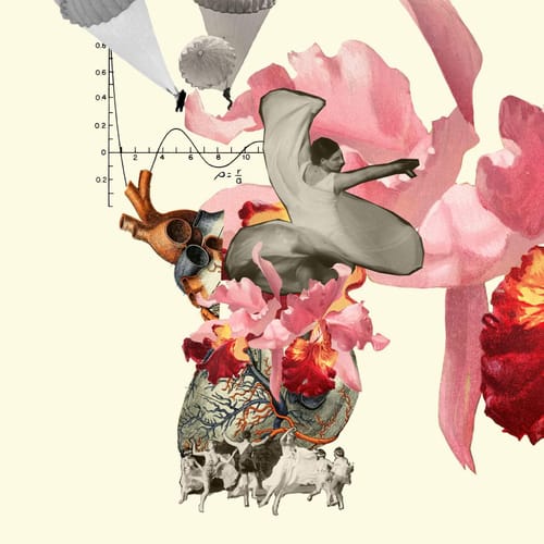 collage art of a heart with flowers and people dancing around the heart